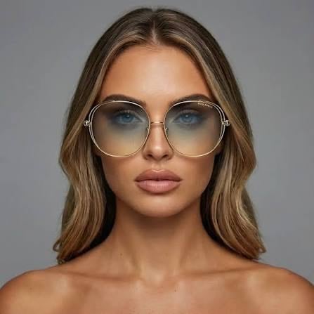 Model in round gold DITA sunglasses from the Vision by Amel collection