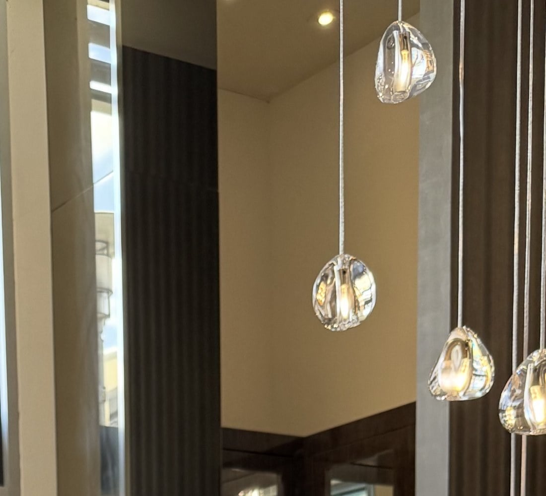 Crystal pendant lighting inside the Vision by Amel boutique, a Henderson favorite