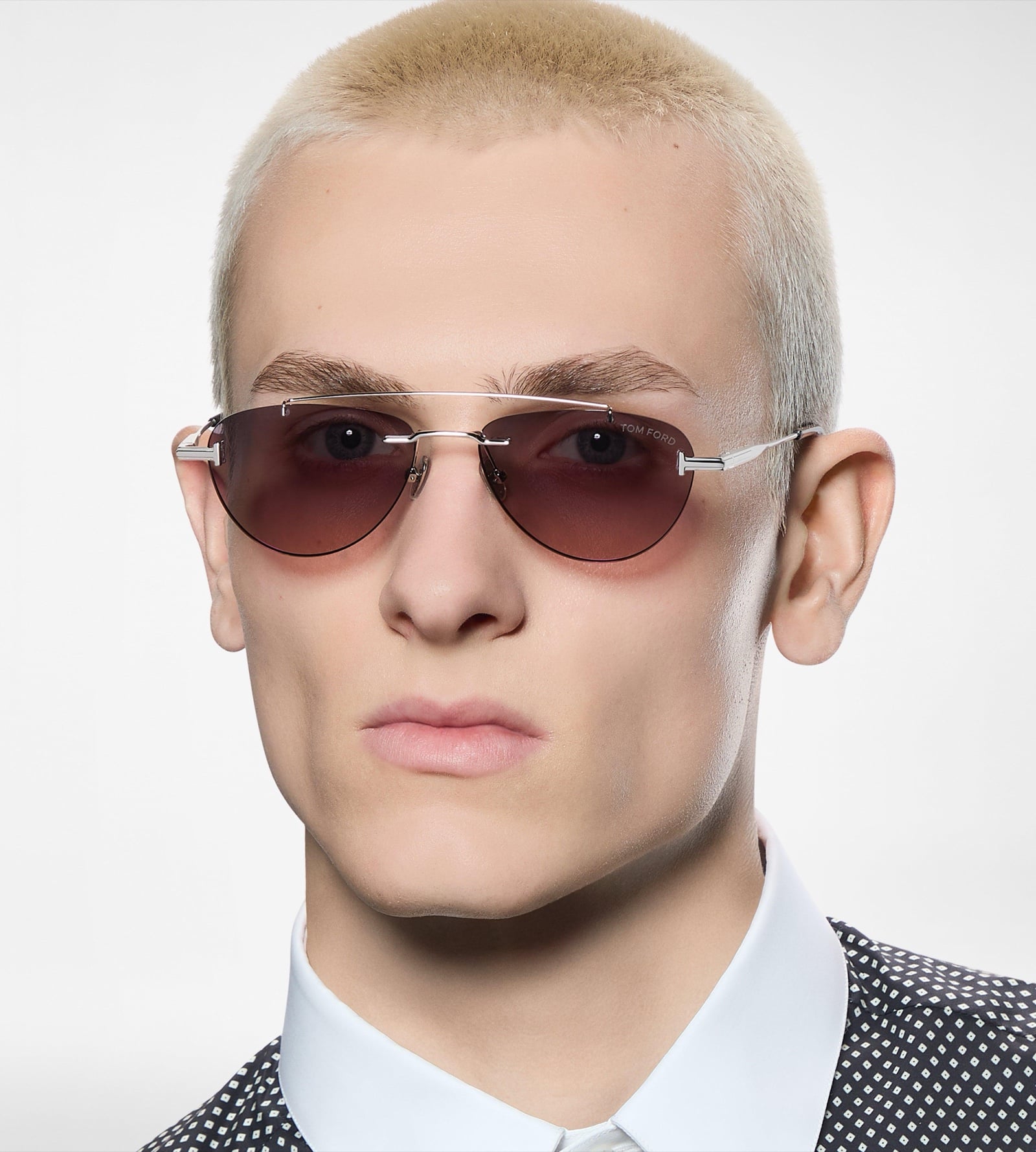 Model wearing Tom Ford rimless aviator sunglasses at Vision by Amel Las Vegas