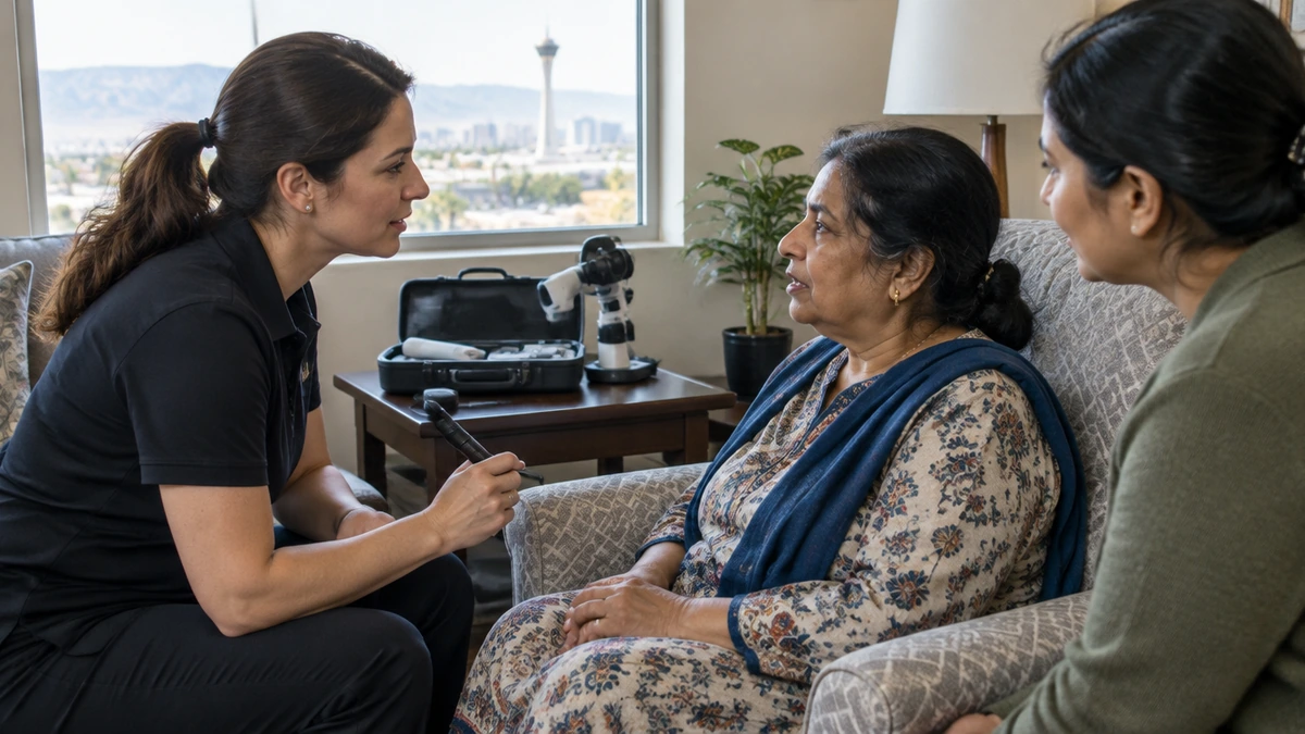 Optometrist attending to a resident beside a caregiver, how assisted living eye exams work