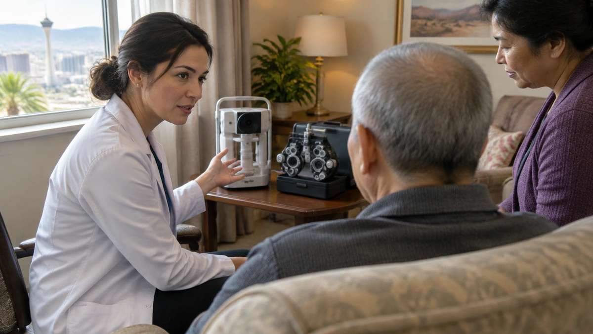Optometrist explaining an examination to a seated resident, how assisted living eye exams work