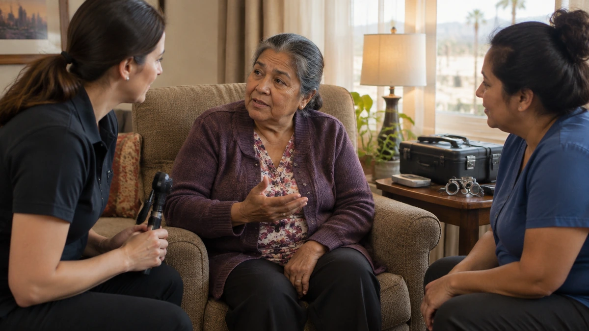 Resident and optometrist discussing participation, how assisted living eye exams work