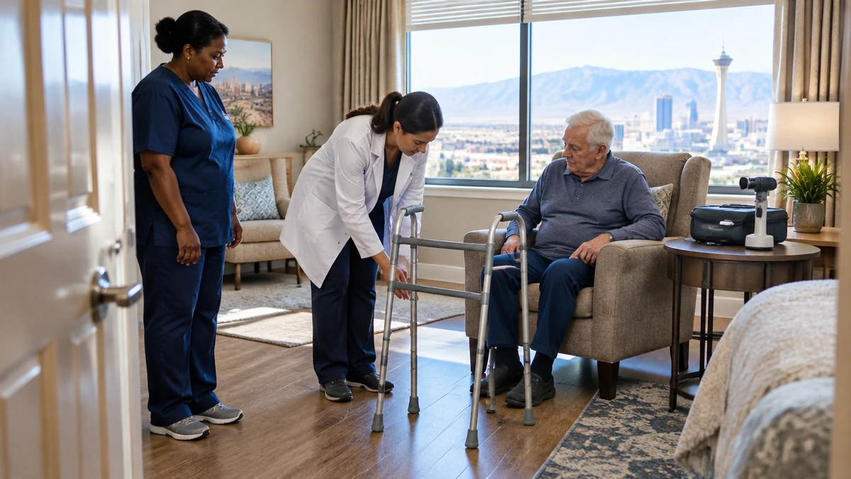 Optometrist and caregiver checking a room layout, how assisted living eye exams work